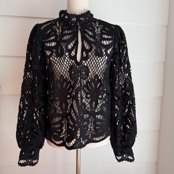 By Anthropologie Black Lace High Neck Blouse size M - Picture 4 of 9